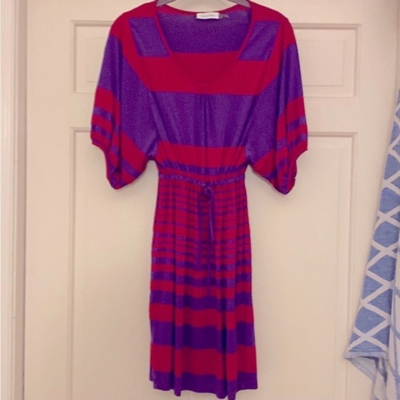 Red + Purple Sundress Dolman Short Sleeves Cinch Waist Colorblock Above the Knee - Picture 3 of 6